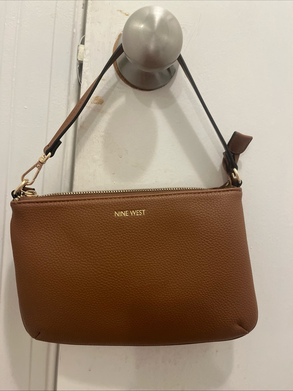 Nine West Chestnut Pebbled Leather Shoulder Bag with Gold Hardware